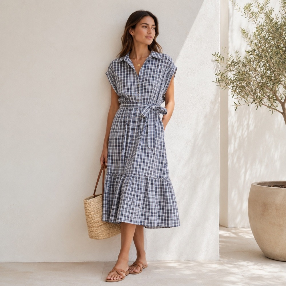 Hope & Henry Organic Cotton Plaid Maxi Dress 12 Blue White Preppy Coastal Summer